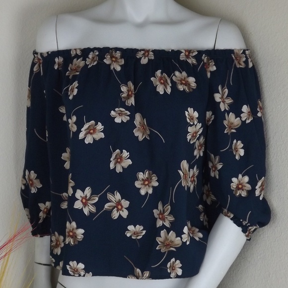 a'gaci Tops - Mid Sleeved Off Shoulder Blue&Brown Floral Blouse